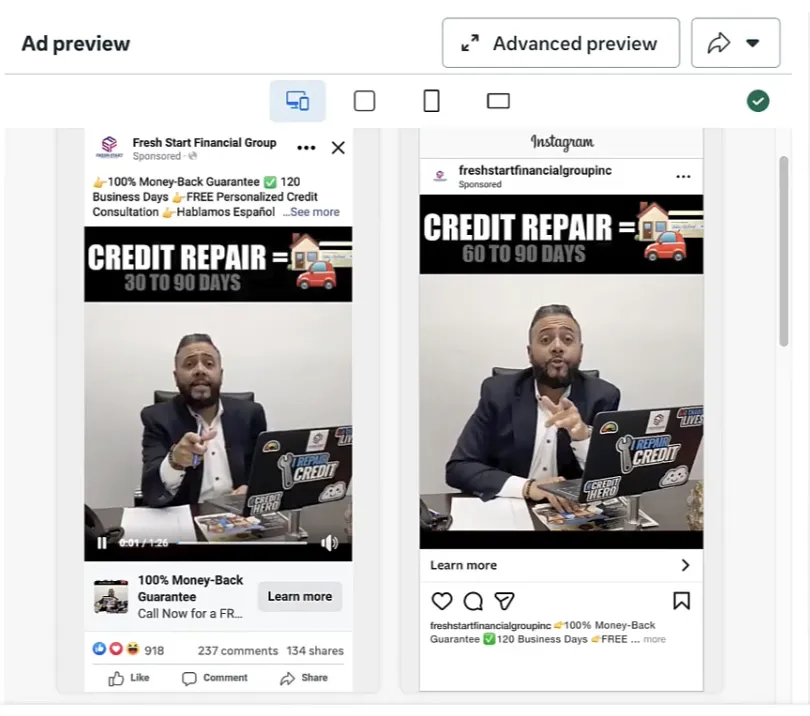 Fresh Start Financial Group Facebook & Instagram ad campaign — 918 reactions, 237 comments, 134 shares